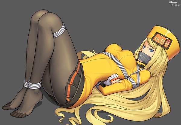 Anime picture 1280x883 with guilty gear millia rage gbeeee single long hair looking at viewer fringe breasts blue eyes light erotic simple background blonde hair large breasts signed payot full body bent knee (knees) lying long sleeves pleated skirt