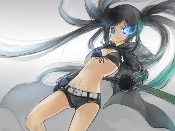 Anime picture 1600x1200 with black rock shooter vocaloid black rock shooter (character) jane mere single long hair looking at viewer blue eyes black hair twintails wallpaper glowing flat chest glowing eye (eyes) girl navel sword shorts star (symbol) bikini top