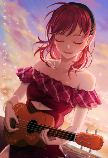 Anime picture 1709x2500 with love live! school idol project sunrise (studio) love live! nishikino maki niwa (parrot symphony) single tall image blush fringe highres short hair breasts open mouth bare shoulders sky cloud (clouds) ahoge outdoors red hair eyes closed