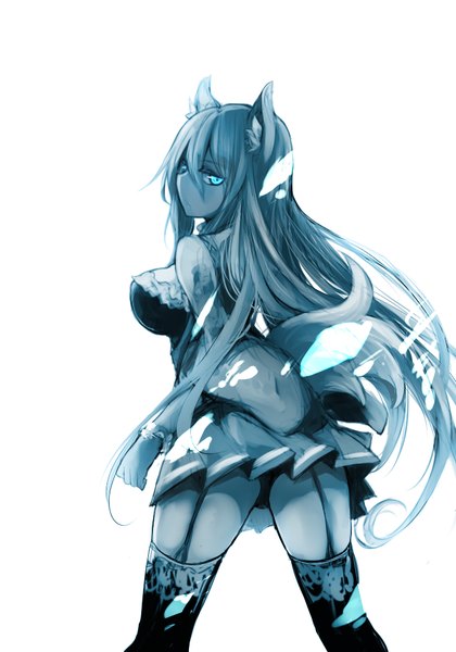 Anime picture 700x1000 with original naomi (sekai no hate no kissaten) single long hair tall image breasts blue eyes light erotic simple background large breasts standing white background animal ears tail pleated skirt looking back grey hair from behind fox ears multiple tails