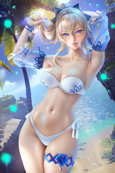 Anime picture 4800x7200 with genshin impact jean gunnhildr ayyasap single long hair tall image looking at viewer blush fringe highres breasts blue eyes light erotic blonde hair hair between eyes large breasts standing signed payot absurdres