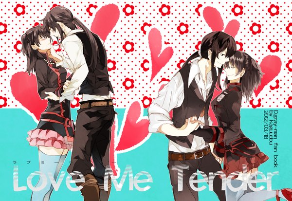 Anime picture 3612x2490 with d.gray-man kanda yuu lenalee lee long hair blush highres short hair black hair simple background brown hair white background twintails brown eyes absurdres ponytail eyes closed light smile black eyes inscription couple