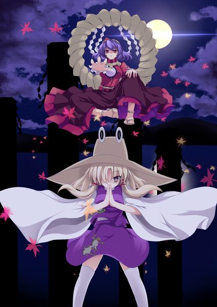 Anime picture 1300x1835 with touhou moriya suwako yasaka kanako kazami chiu long hair tall image fringe short hair blonde hair multiple girls purple hair hair over one eye girl skirt 2 girls hat leaf (leaves) moon skirt set