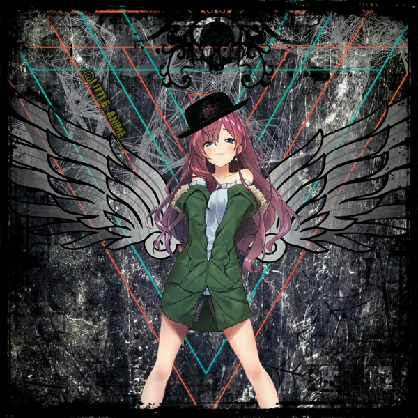 Anime picture 1080x1080 with idolmaster idolmaster cinderella girls ichinose shiki baffu little anime single long hair looking at viewer blush blue eyes standing bare shoulders purple hair open jacket hands in pockets fake wings ironical entranger girl hat wings