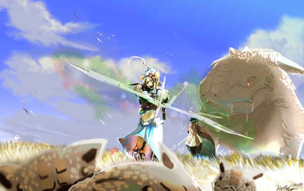 Anime picture 1200x755 with original kyan-dog (artist) open mouth blonde hair sky cloud (clouds) profile one eye closed wink crossed arms saliva girl boy skirt animal sword bird (birds) cloak cap monster