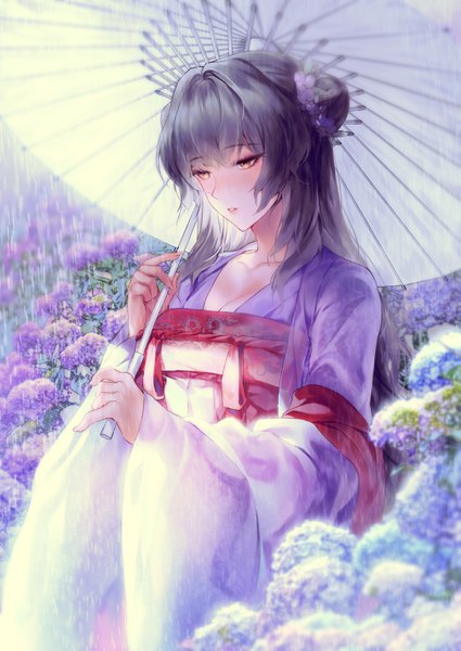 Anime-Bild 2149x3035 mit original black joa single long hair tall image blush fringe highres hair between eyes standing holding yellow eyes looking away traditional clothes parted lips head tilt hair flower grey hair blurry wide sleeves