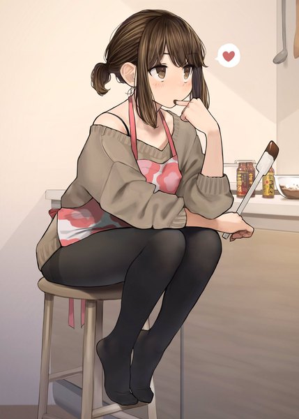 Anime picture 1464x2048 with ganbare douki-chan douki-chan (douki-chan) yomu (sgt epper) single tall image blush fringe short hair hair between eyes brown hair sitting brown eyes payot looking away full body indoors long sleeves off shoulder no shoes eating