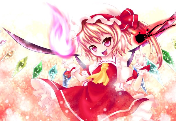 Anime picture 1200x831 with touhou flandre scarlet cicin (artist) single short hair open mouth blonde hair red eyes loli one side up magic girl dress wings bonnet
