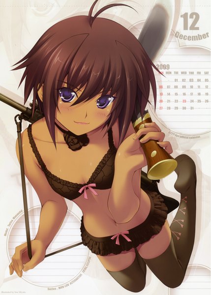 Anime picture 2836x3967 with muv-luv alternative tarisa manandal miyata sou single tall image looking at viewer blush highres short hair light erotic brown hair purple eyes from above scan underwear only dark skin flat chest calendar 2009 girl thighhighs