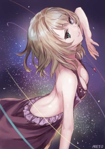 Anime picture 700x990 with idolmaster idolmaster cinderella girls takagaki kaede meto31 single tall image looking at viewer fringe short hair breasts blue eyes light erotic smile brown hair bare shoulders green eyes signed cleavage head tilt from above