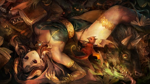 Anime picture 2560x1440 with dragon's crown vanillaware long hair looking at viewer highres breasts open mouth red eyes brown hair wide image large breasts bare shoulders multiple girls yellow eyes cleavage lying horn (horns) teeth fang (fangs) spread arms