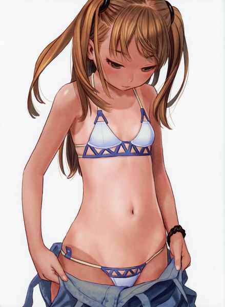 Anime picture 5092x6966 with futurelog (artbook) range murata single long hair tall image fringe highres light erotic simple background brown hair white background brown eyes absurdres head tilt looking back scan two side up flat chest wrist scrunchie tan