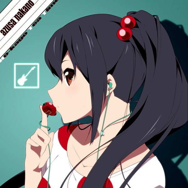 Anime picture 1000x1000 with k-on! kyoto animation nakano azusa nanao (mahaya) single long hair black hair brown eyes ponytail profile girl food headphones berry (berries) strawberry digital media player