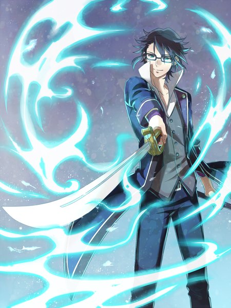 Anime picture 1500x2000 with k-project gohands (studio) fushimi saruhiko zoff (daria) single tall image short hair black hair smile aqua eyes magic boy weapon sword glasses vest