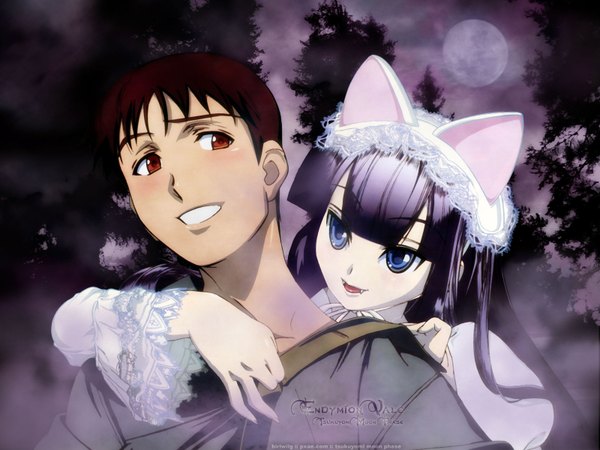 Anime picture 1600x1200 with tsukuyomi moon phase hazuki blue eyes animal ears cat ears moon full moon tagme