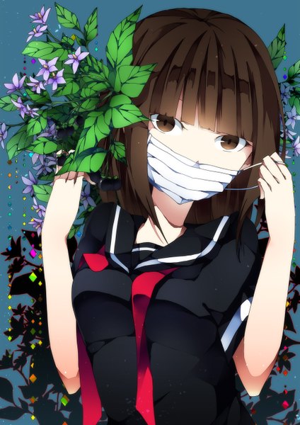 Anime picture 1000x1414 with original satou garashi single long hair tall image black hair brown eyes girl flower (flowers) serafuku leaf (leaves) mask surgical mask