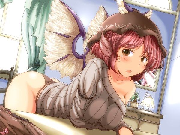 Anime picture 1200x900 with touhou mystia lorelei yoriyuki chiyo single looking at viewer blush short hair breasts light erotic brown hair large breasts brown eyes animal ears indoors off shoulder leaning leaning forward girl underwear panties