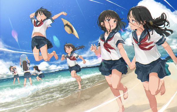 Anime picture 3500x2226 with original gomennasai long hair blush fringe highres short hair open mouth black hair smile standing multiple girls holding payot absurdres sky cloud (clouds) full body outdoors blunt bangs