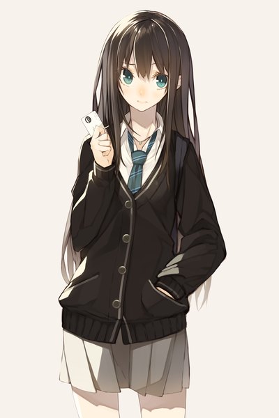 Anime picture 1333x2000 with idolmaster idolmaster cinderella girls shibuya rin senmu single long hair tall image fringe brown hair standing green eyes pleated skirt sunlight open collar hand in pocket girl skirt uniform school uniform shirt