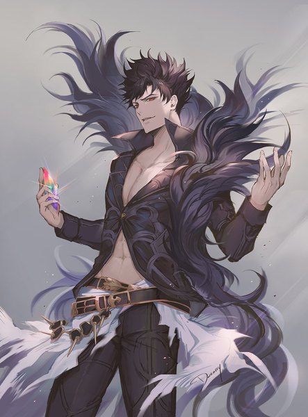 Anime picture 1152x1560 with granblue fantasy belial (granblue fantasy) darkavey single tall image looking at viewer fringe short hair open mouth black hair simple background red eyes standing holding signed grey background arms up torn clothes muscle abs