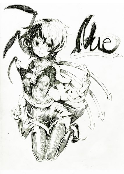 Anime picture 1955x2756 with touhou houjuu nue oshake single tall image looking at viewer highres short hair black hair white background black eyes inscription zettai ryouiki monochrome :p sketch girl thighhighs dress bow