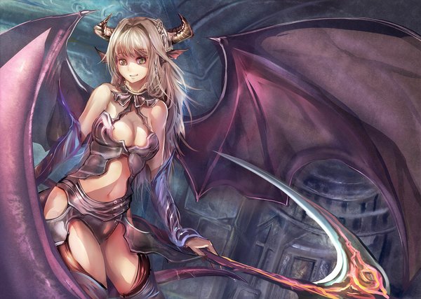 Anime picture 1124x800 with original suoni (deeperocean) single long hair breasts light erotic smile bare shoulders yellow eyes white hair horn (horns) demon girl demon wings girl navel weapon wings scythe