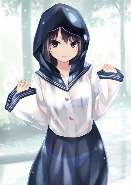 Anime picture 1357x1920 with original shiramine rika coffee-kizoku single long hair tall image looking at viewer fringe light erotic black hair smile standing purple eyes outdoors long sleeves wide sleeves rain wet clothes girl skirt