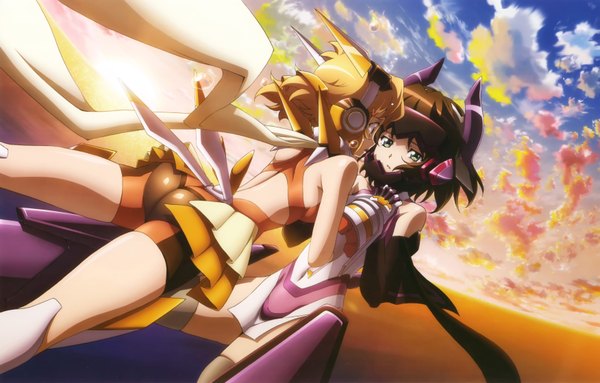 Anime picture 7002x4472 with senki zesshou symphogear satelight tachibana hibiki kohinata miku highres short hair blue eyes light erotic black hair blonde hair multiple girls absurdres sky cloud (clouds) scan official art flying girl hair ornament 2 girls