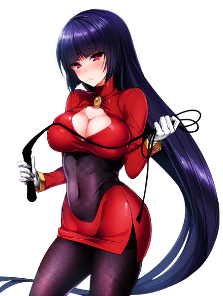 Anime picture 610x808 with pokemon nintendo sabrina (pokemon) akira (natsumemo) single tall image looking at viewer blush fringe breasts light erotic black hair red eyes large breasts standing holding cleavage blunt bangs very long hair alternate costume