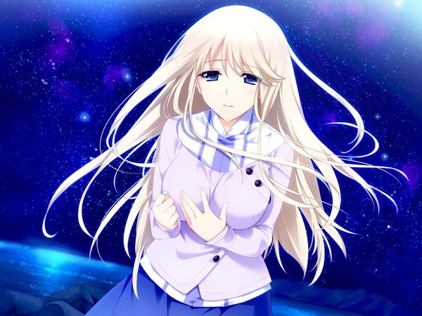 Anime picture 1024x768 with lovely x cation 2 hibiki works yoshinoya seine iizuki tasuku long hair blue eyes blonde hair game cg night girl dress sea star (stars)