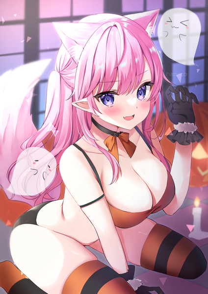 Anime picture 1414x2000 with original hamico single long hair tall image looking at viewer blush fringe breasts open mouth light erotic smile large breasts sitting purple eyes animal ears pink hair cleavage indoors tail