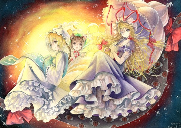 Anime picture 1500x1060 with touhou yakumo yukari yakumo ran chen mosho long hair looking at viewer short hair open mouth blonde hair smile brown hair multiple girls signed animal ears tail animal tail cat ears fox tail looking up