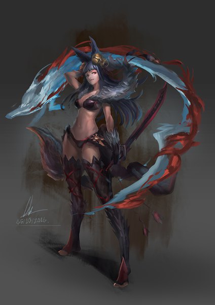 Anime picture 842x1191 with granblue fantasy yuel (granblue fantasy) cglas single long hair tall image fringe light erotic red eyes standing holding signed animal ears blue hair full body tail blunt bangs parted lips animal tail barefoot