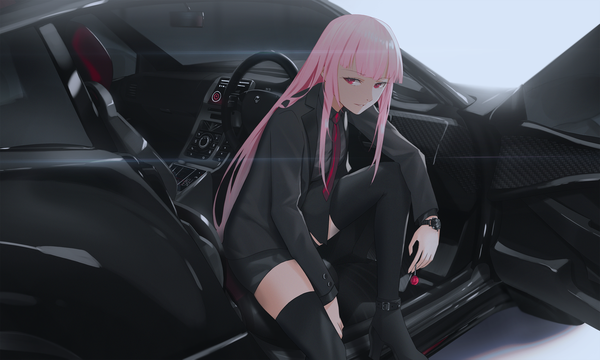 Anime picture 2500x1500 with virtual youtuber hololive hololive english mori calliope kuroi enpitsu single long hair looking at viewer fringe highres red eyes wide image sitting pink hair blunt bangs high heels car interior girl thighhighs black thighhighs
