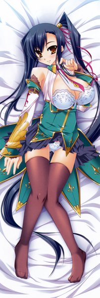 Anime picture 2527x7477 with koihime musou doga kobo kanu single tall image looking at viewer blush highres breasts light erotic black hair large breasts brown eyes cleavage very long hair scan side ponytail dakimakura (medium) thighhighs underwear