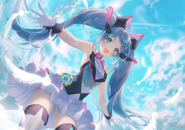 Anime picture 6250x4410 with vocaloid magical mirai (vocaloid) hatsune miku magical mirai miku magical mirai miku (2019) a20 (atsumaru) single looking at viewer fringe highres open mouth twintails absurdres sky cloud (clouds) very long hair :d aqua eyes aqua hair from below