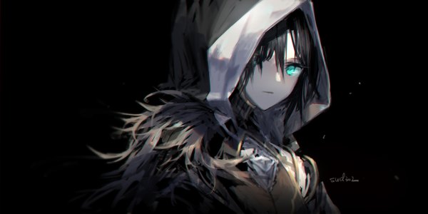 Anime picture 2126x1063 with ys ys ix monstrum nox falcom (studio) tagme (character) swd3e2 single long hair looking at viewer fringe highres black hair simple background wide image signed upper body aqua eyes hair over one eye black background girl hood