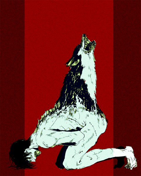 Anime picture 922x1147 with original bwatermark tall image short hair open mouth light erotic black hair nude teeth kneeling scar red background sharp teeth white eyes pain boy animal wolf