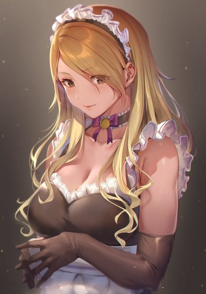 Anime picture 700x996 with idolmaster idolmaster shiny colors izumi mei sola (solo0730) single long hair tall image looking at viewer blush fringe breasts simple background blonde hair brown eyes upper body hair over one eye grey background maid gradient background wavy hair