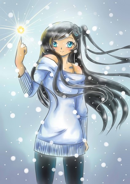 Anime picture 2893x4092 with shinami aya single long hair tall image blush fringe highres blue eyes black hair smile standing bare shoulders side ponytail snowing girl sweater