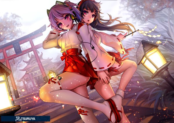 Anime picture 1485x1050 with original as109 long hair looking at viewer blush fringe short hair breasts open mouth light erotic multiple girls purple hair traditional clothes japanese clothes pink eyes wide sleeves back to back girl thighhighs skirt