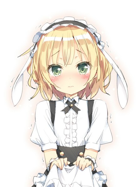 Anime picture 640x863 with gochuumon wa usagi desu ka? white fox kirima sharo kani biimu single tall image looking at viewer blush fringe short hair simple background blonde hair white background green eyes waitress trembling scared girl lolita hairband fleur de lapin uniform