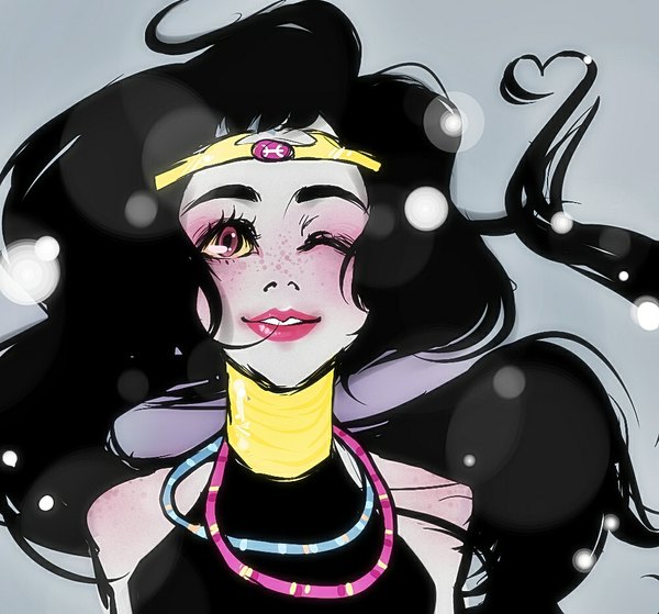 Anime picture 1000x933 with homestuck feferi peixes single long hair black hair simple background smile purple eyes bare shoulders one eye closed pink eyes light smile wink grey background pale skin freckles girl choker circlet fireflies