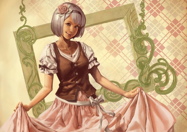 Anime picture 1527x1080 with original neg (artist) single short hair smile green eyes hair flower grey hair empty picture frame girl dress hair ornament bow picture frame