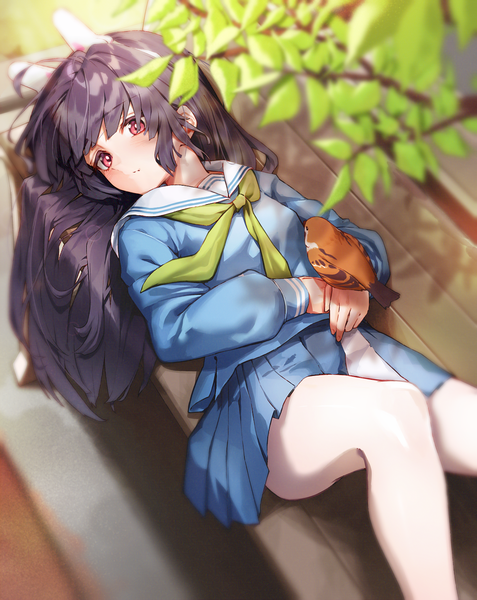 Anime picture 1218x1532 with blue archive miyu (blue archive) black cola single long hair tall image light erotic black hair red eyes animal ears looking away outdoors lying pleated skirt from above on back turning head fake animal ears bird on hand girl
