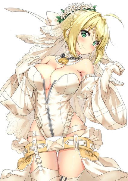 Anime picture 752x1062 with fate (series) fate/extra fate/extra ccc nero claudius (fate) nero claudius (fate/extra) nero claudius (bride) (fate) body mahattaya ginga single tall image looking at viewer blush short hair breasts light erotic simple background blonde hair large breasts white background bare shoulders green eyes