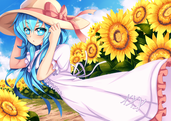 Anime picture 2129x1508 with date a live yoshino (date a live) sekigan single long hair highres blue eyes blue hair sky cloud (clouds) loli girl dress flower (flowers) bow hat sundress sunflower