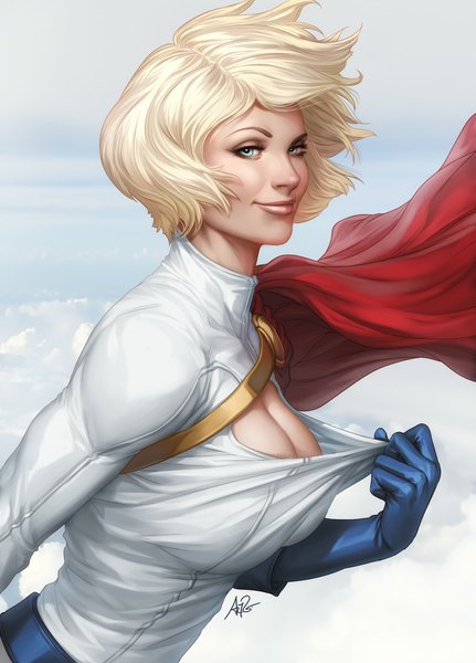 Anime picture 718x1000 with dc comics power girl artgerm (stanley lau) single tall image short hair breasts blue eyes light erotic blonde hair smile signed sky cleavage cloud (clouds) wind lips realistic superhero girl