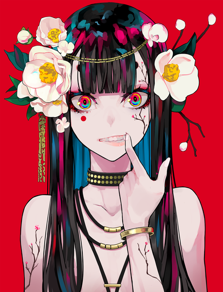 Anime picture 1525x2000 with original lam (ramdayo) single long hair tall image looking at viewer fringe light erotic black hair simple background red eyes bare shoulders upper body blunt bangs multicolored hair hair flower nude teeth fang (fangs) tattoo