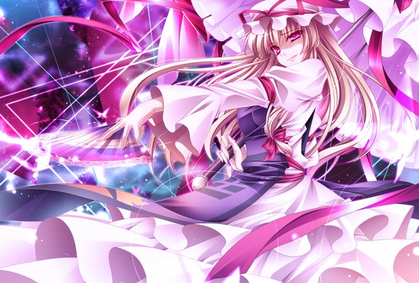 Anime picture 2300x1553 with touhou yakumo yukari moneti (daifuku) single long hair highres blonde hair red eyes girl dress bow hair bow frills insect butterfly umbrella bonnet fan